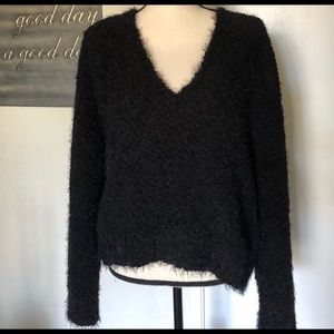 LOVESTITCH Fuzzy Eyelash Oversized Slouchy Black V-Neck Sweater Small / Medium